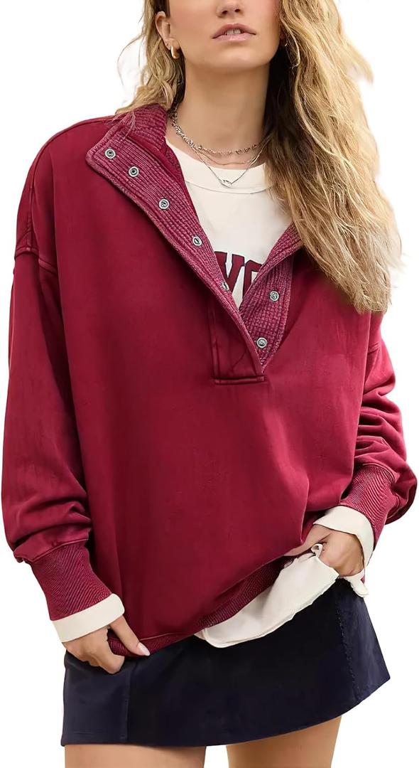 ebossy Women's Fashion V Neck Snap Button Long Sleeve Casual Loose Pullover Sweatshirt Activewear (Red, L)