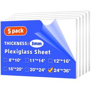 (5 Pack) 24" x 36" Plexiglass Sheets 1/8 inch Thick (3mm), Clear Acrylic Sheets Panel Cut to Size Plexiglass Acrylic Board, Cut with Engraver, Power Saw or Hand Tools, No Laser Cut.
