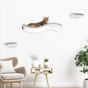 Wall-Mounted Cat Bed and Perch  Space-Saving Cat Furniture with Removable Carpet, Curved Wooden Shelf and Steps for Climbing, Lounging, and Scratching