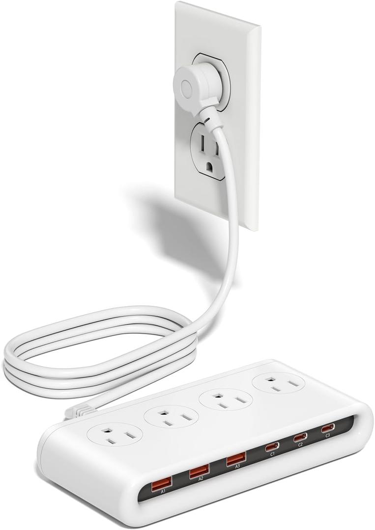 Power Strip with USB C 35W,10-in-1 Flat Plug Wall Charger - 5FT Extension Cord with 4AC, 3 USB A & 3 USB C - PD20W Charging Station for Multiple Devices - Travel Home Office (White)