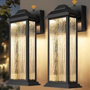 APOTO 14" Dusk to Dawn LED Outdoor Light Fixture,Black Exterior Wall Light Fixture Wall Mount, Waterproof Porch Lights with Water Glass Outside Lights Sconce for Front Door Garage Doorway,2-Pack