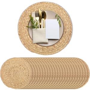 Kochorie Set of 24 Round Woven Placemats 12-Inch Natural Water Hyacinth Plant Placemats Hand-Woven Boho Rattan Placemat Wicker Weave Table Mats for Home Dinner Plates Holiday Supplies