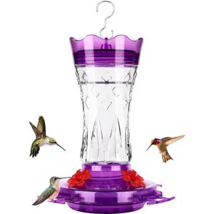 BOLITE Glass Hummingbird Feeders for Outdoors Hanging, Built-in Ant Moat, 4 Bee Guard Feeding Ports with Perches, Leak Proof, 15 Ounces, Stars Decor, Purple, Gifts for Women Men, Gifts for Mom Dad