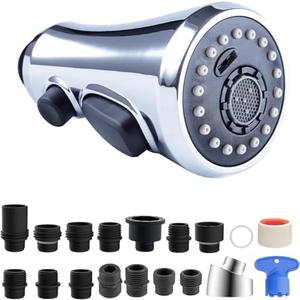 Hibbent Pull Down Spray Head for Kitchen Faucet, 3-Function Kitchen Sink Spray Nozzle with 15 Adapters, Faucet Head Replacement Compatible with Moen, American Standard, Delta, Kohler Faucets, Chrome