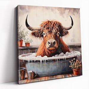 Poemwish Highland Cow Wall Art in Bathtub, Whimsical Highland Cow Decor, Surreal Canvas Wall Art with Bubble Bath, Quirky Animal Painting with Vintage Tub