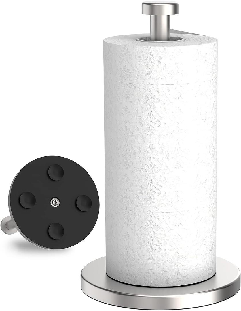 VEHHE Paper Towel Holder Countertop, Stainless Steel Paper Towel Holder Stand with Weighted Base Suction Cups, Standing Paper Towel Roll Holder for Kitchen Bathroom (Silver)