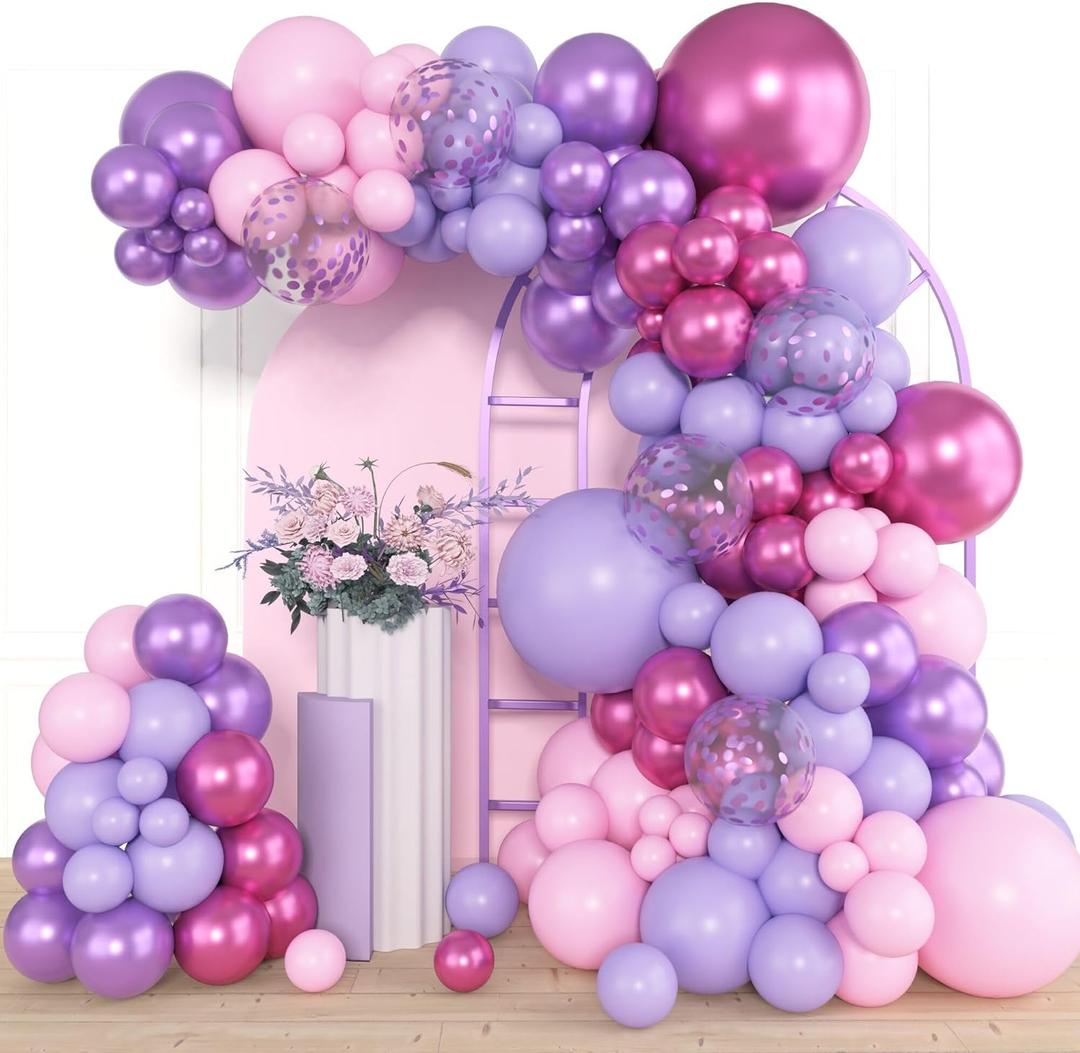 Amandir 153pcs Pink Purple Balloon Garland Arch Kit, Different Sizes 18 12 10 5 inch Pink Purple Red Latex Metallic Confetti Purple Balloons for Girl Women Birthday Bridal Baby Shower Party Decoration