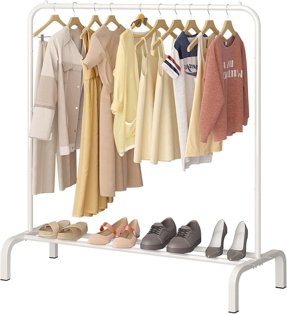 JIUYOTREE Metal Clothing Rack, 43.3 Inches Clothes Garment Coat Rack with Bottom Shelf for Hanging Skirts, Shirts, Sweaters, White (43.3"W x 15.75"D x 61"H without wheels)