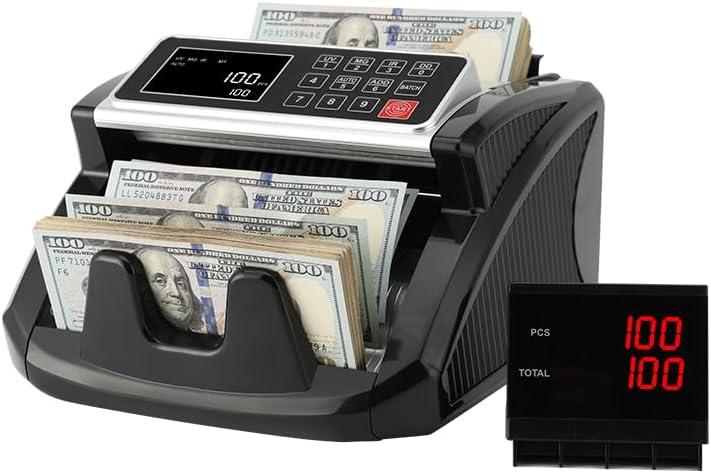 Money Counter, Cash Counter Machine with Value Count，Cash Counter for Dollar, Euro with UV/MG/IR/DD Counterfeit Detection, Add/Bat/Value Mode Bill Counting Machine with Large LCD Display