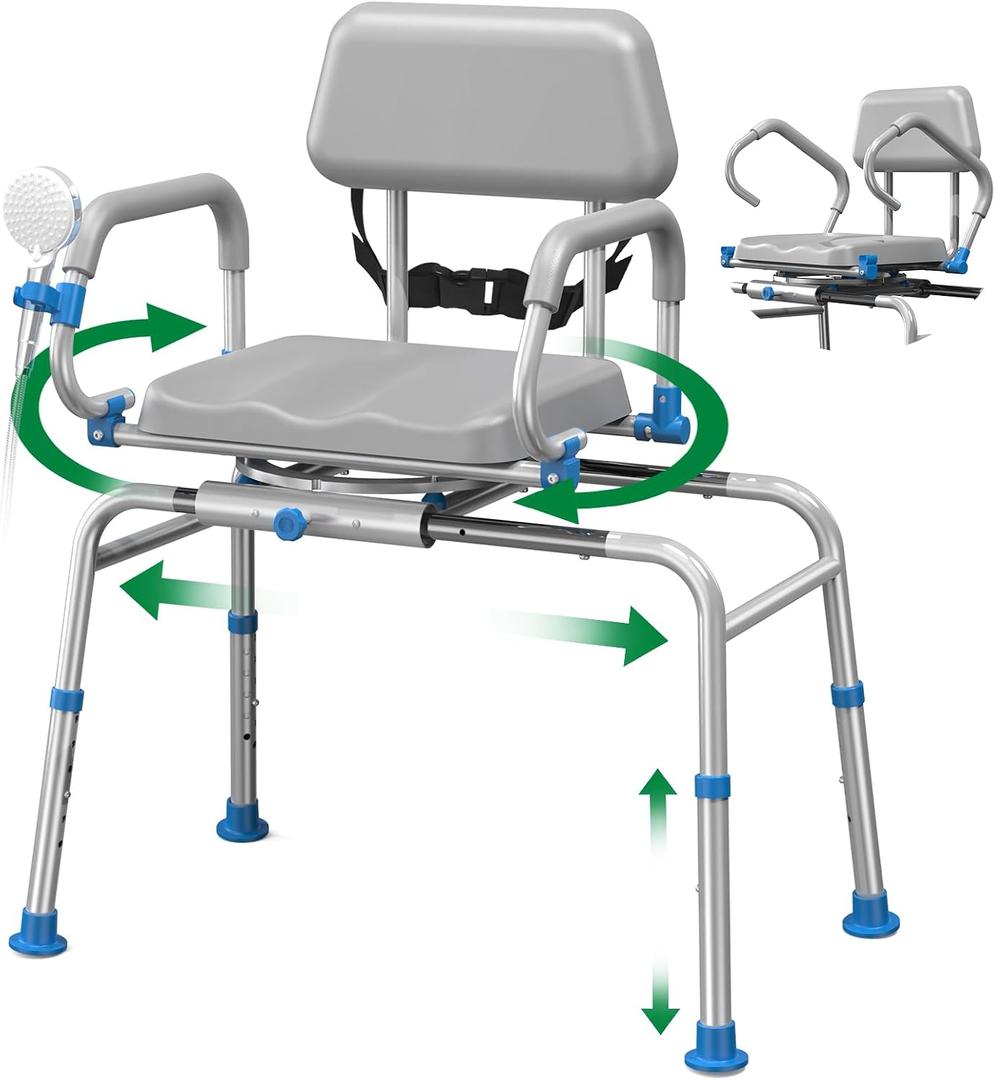 FSA/HSA Eligible Sliding Shower Chair Tub Transfer Bench for Bathtub with Swivel Seat, Padded Shower Bench with Pivoting Arms, Height Adjustable Shower Seat, 350 lbs, Gray, Standard