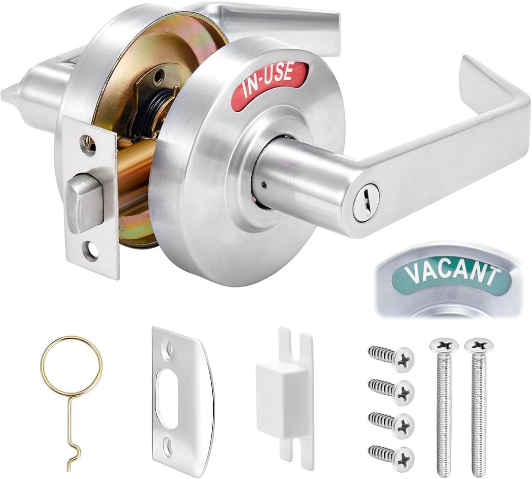 Tandefio Vacant Occupied Bathroom Lock, Commercial Door Handle with in-use or Vacancy Occupied Deadbolt, Privacy Indicator Restroom Handle Lock for Restrooms, Satin Chrome(90mm,Silver,1 Set)