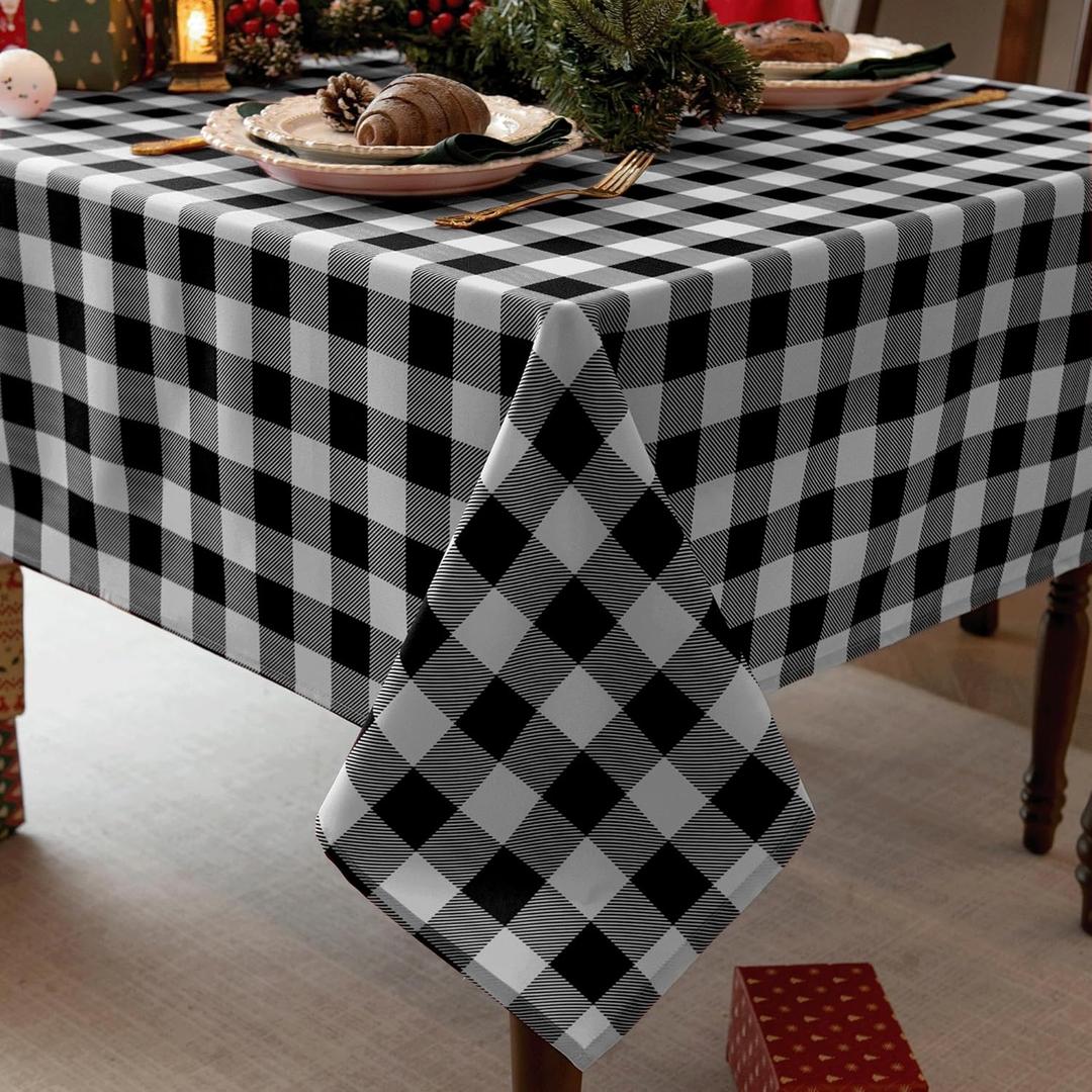 Waterproof Plaid Tablecloth Fabric - Oblong 52x70 Inch Classic Buffalo Tartan Table Cloth for Indoor/Outdoor Use - Washable Table Cover for Dinner, BBQs, and Parties (Black White)
