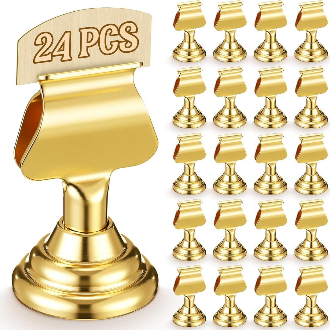 Kathfly 24 Pcs Wedding Table Number Holders 1.7 Inch Gold Mini Metal Place Card Holders Bulk Harp-clip Table Sign Stands Card Holder Display Picture Memo Notes Menu for Restaurants Birthday Decor