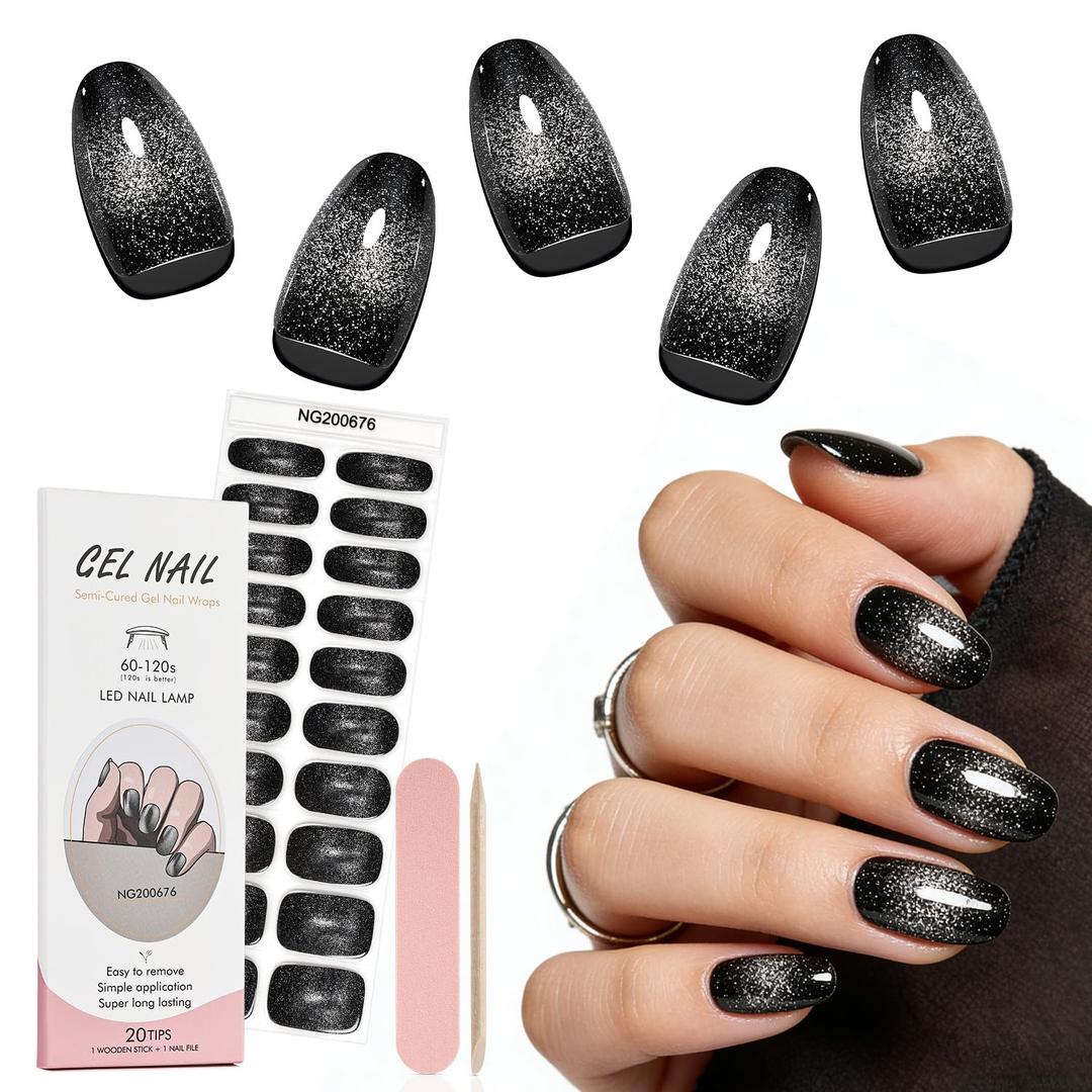 JEWHITENY Semi Cured Gel Toe Nail Strips :32 Pcs UV Light Required Nail Wraps(Black),UV Gel Pedicure Stickers for Toes Salon-Quality & Long Lasting, Includes File & Wooden Stick