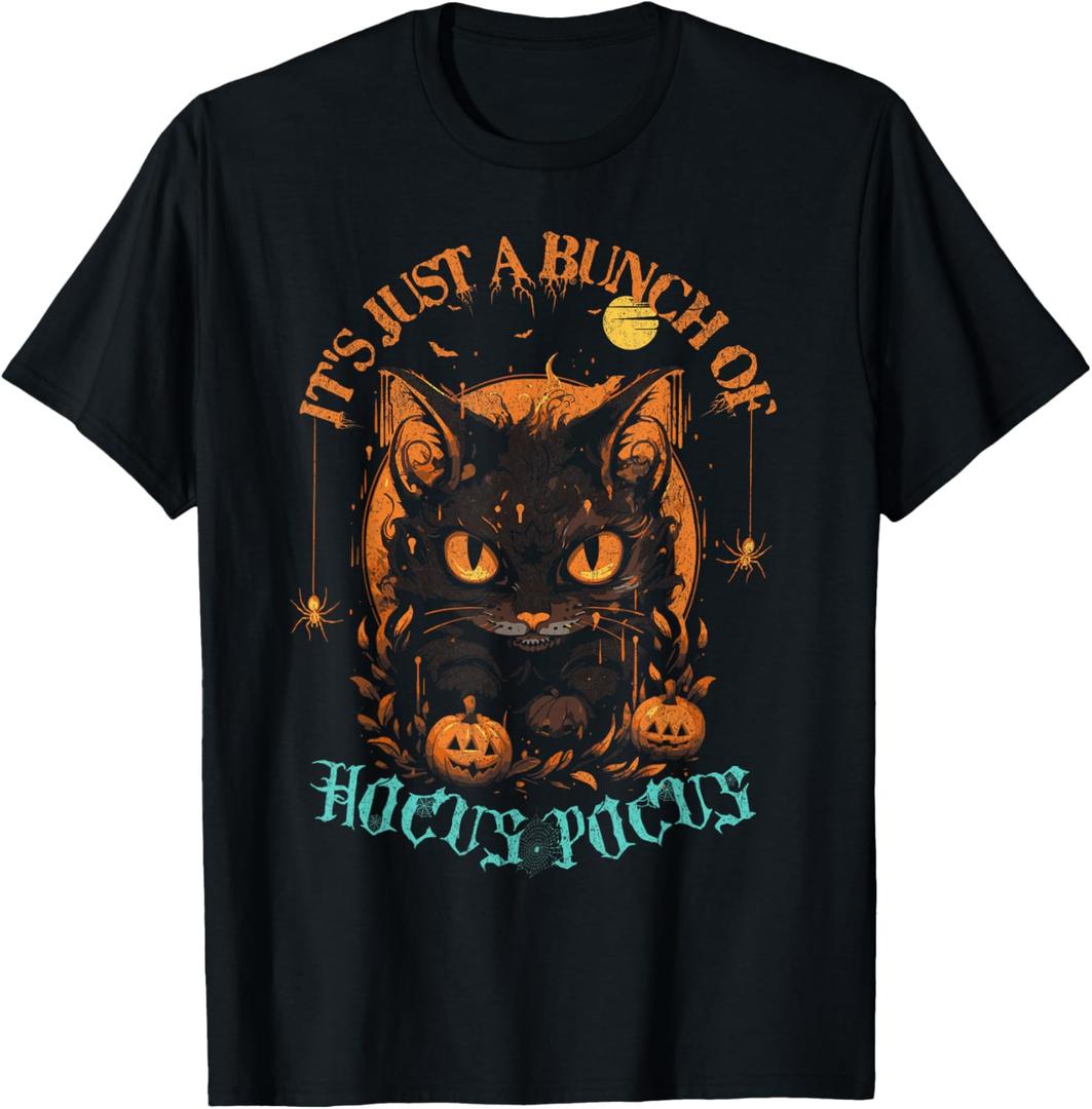 Vintage Halloween Black Cat It's Just A Bunch of Hocus Pocus Men Women T-Shirt, Small