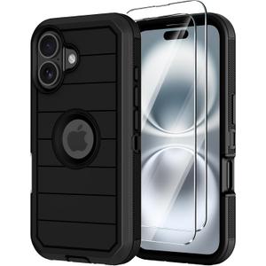 for iPhone 16 Case with Screen Protector,Heavy Duty 3-Layer Military Grade Drop Protection Cases,Full Body Shock-Absorbing Dust Proof Rugged Bumper Phone Cover for Apple 16 6.1" (Black)