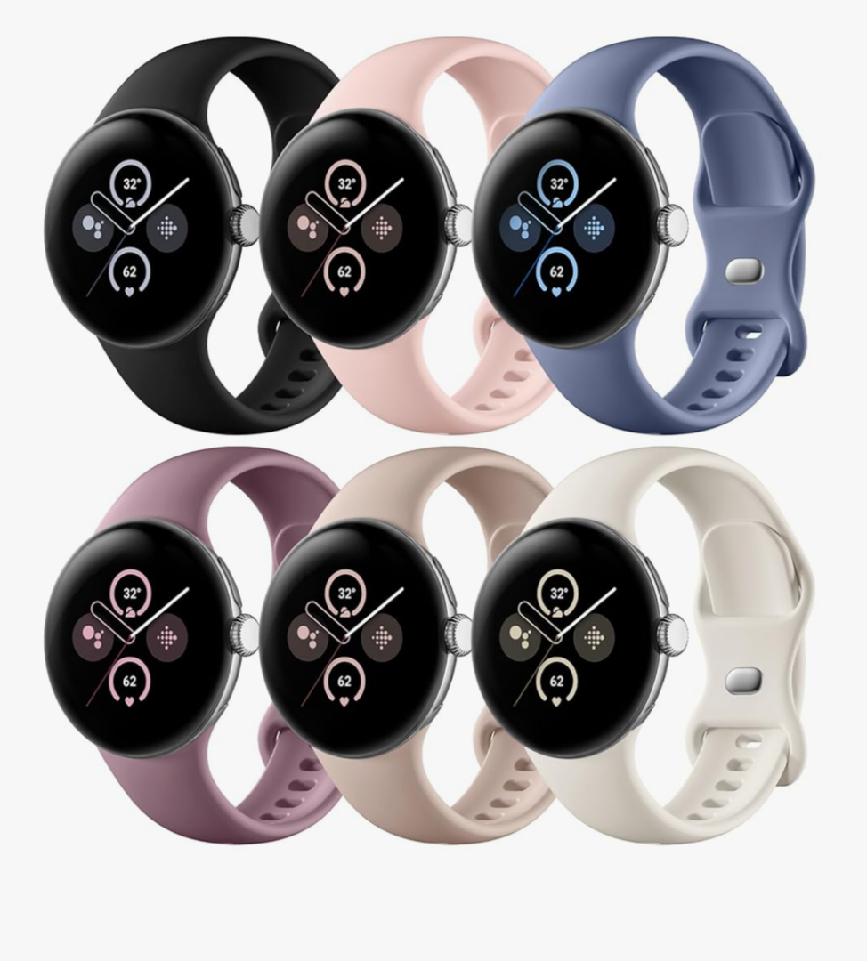 Maledan Compatible With Google Pixel Watch Band for Women Men, 6 Pack Soft Silicone Waterproof Sport Wristbands Replacement Straps for 45mm/41mm Pixel Watch 1, 2, 3 Accessories