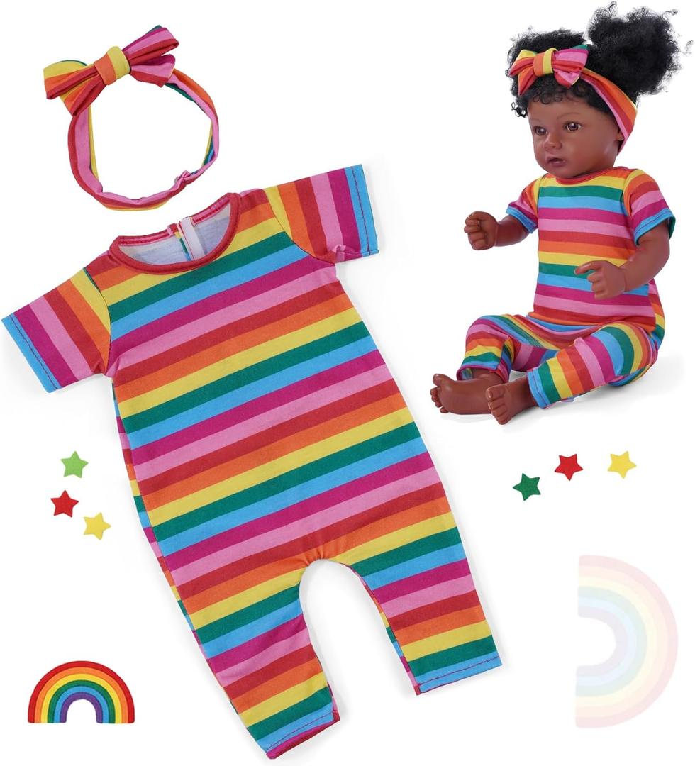 BABESIDE 2 Pcs Reborn Baby Doll ClothesColorful Striped Outfit with Headband for 17-22 Inch Dolls, Perfect Accessories for Reborn Baby Doll (Dolls not Included)