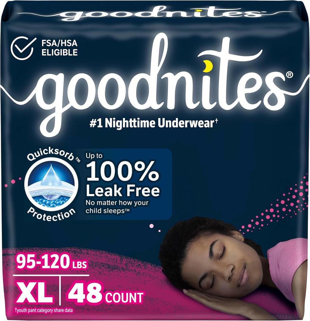 Goodnites Girls' Nighttime Bedwetting Underwear, Size Extra Large (95-120 lbs), 48 Ct (2 Packs of 24)