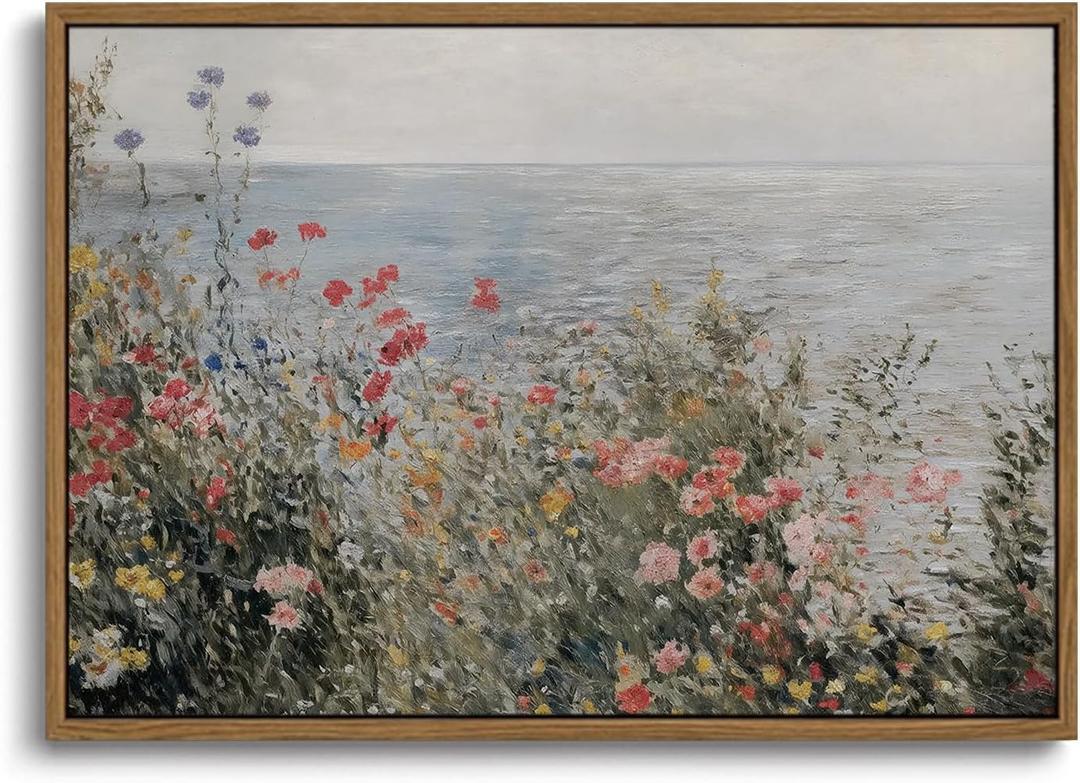 KISSFOX Vintage Framed Wall Art Coastal Wildflowers Canvas Art Prints Rustic Farmhouse Pictures Wall Decor Cottagecore Summer Aesthetic Paintings Artwork For Kitchen Bedroom Living Room Bathroom, 24"L x 16"W