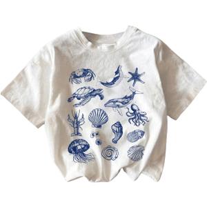 Girl's Graphic Print Tee Shirt Round Neck Short Sleeve T Shirts Summer Cute Trendy Tops (White and Blue)