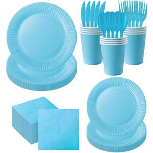 210-Piece Disposable Light Blue Paper Plates Party Supplies - Party Plates, Cups, And Napkins Sets, Light Blue Plastic Silverware, Serves 30 People