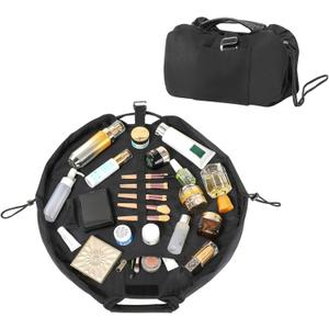 Vomgomfom 20 inch Drawstring Makeup Bag Open Flat,Waterproof Magic Cosmetic Pouch for Women (H-Black)