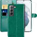 MONASAY Wallet Case Compatible for Galaxy S21 FE 5G, 6.4 inch [Screen Protector Included][RFID Blocking] Flip Folio Leather Cell Phone Cover with Credit Card Holder, Green