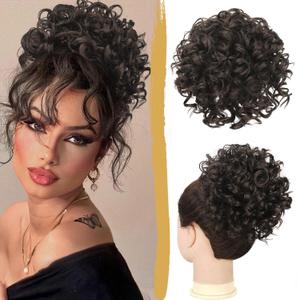 PEACOCO Messy Bun Short Curly Ponytail Extension Elastic Drawstring Loose Hair Bun Hair Pieces for Women with Thinning Hair High Temperature Synthetic Fiber Hair Bun Extension 80g, Black Brown (10 Inch)