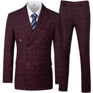 Mens Suits Slim Fit 3 Piece Double Breasted Tuxedo Suit Jacket Vest Pants Set for Wedding Prom (Medium, Burgundy Plaid) Mens Suits Slim Fit 3 Piece Double Breasted Tuxedo Suit Jacket Vest Pants Set for Wedding Prom (Medium, Burgundy Plaid)
