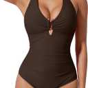 SUUKSESS Women Sexy Tummy Control One Piece Swimsuits Halter U-Wire Bathing Suit (Deep Brown, Medium)