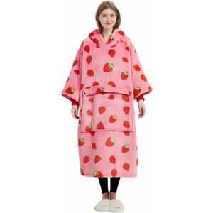 KFUBUO Wearable Blanket Hoodie for Adult Long Sherpa Strawberry Patterns Oversized Sweatshirt Blanket with Pockets Birthday Gifts for Women
