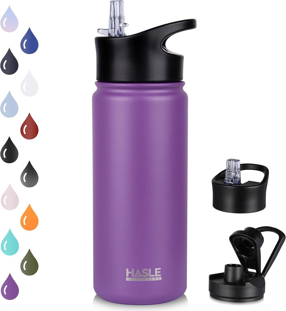 HASLE OUTFITTERS Insulated Water Bottle Kids 16 oz Double Wall Vacuum Stainless Steel Water Bottle Leak Proof for School Wide Mouth with Straw Lid & Spout Lid Keeps Cold and Hot(Purple,1Pack)