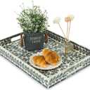 CLAYNIX Serving Tray 15.7" X11.8", Lacquer Mother of Pearl Inlay Mosaic Tray, Rectangle Wooden Marble Tray with Handles Trays for Tea, Breakfast in Bed, Table (Black Leaf)