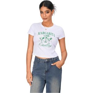WDIRARA Women's Graphic Print Round Neck Short Sleeve Crop Tops Summer Casual Tee Shirts White Medium