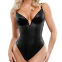 Popilush Body Suits for Womens Tummy Control - Faux Leather Bodysuit Deep V Neck Thong Sleeveless Corset Tank Top, XL