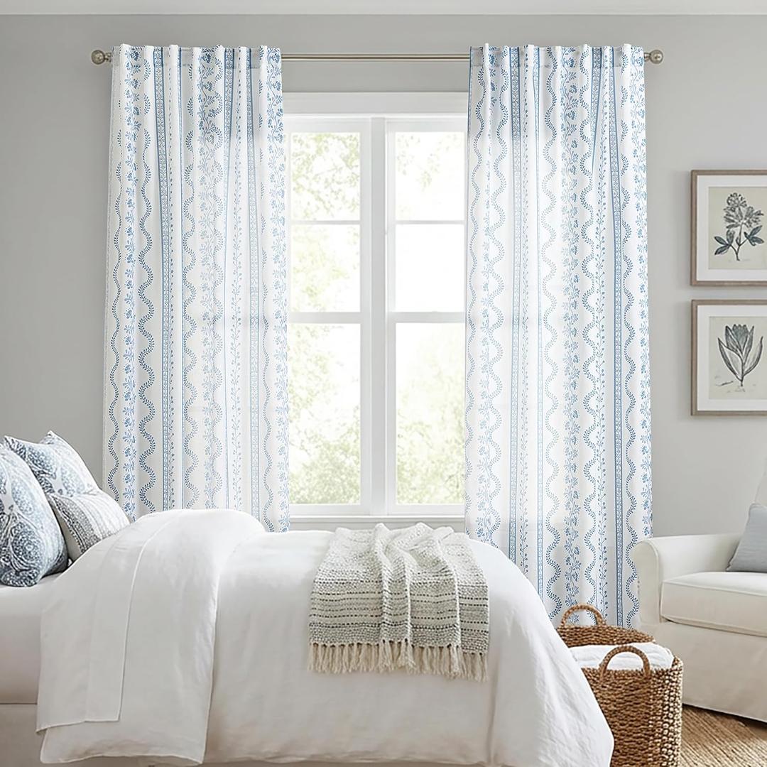 Coastal Curtains for Living Room Bedroom,Light Blue and White Floral Striped Farmhouse Linen Printed Sheer Patterned Beachy Summer Curtains for Beach Room Decor,50 x 84 Inch Length 2 Panels Set