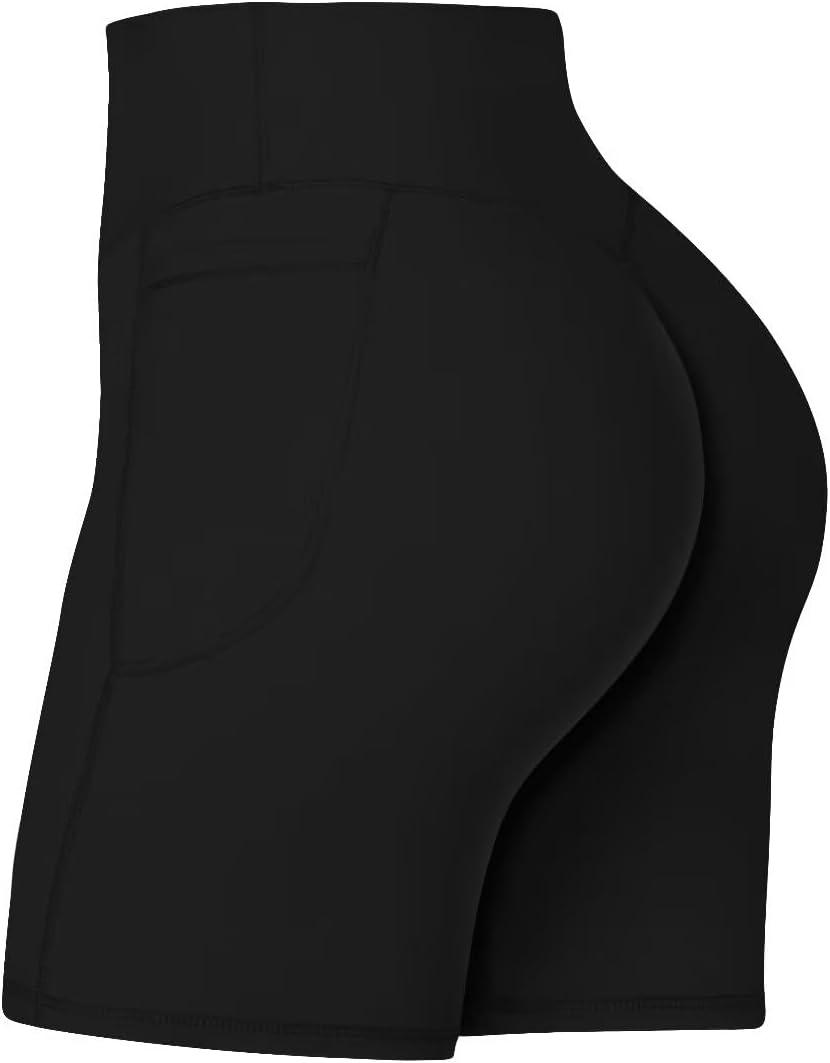 Sunzel No Front Seam Biker Shorts for Women with Pockets, Yoga Workout Gym Bike Shorts with Tummy Control (Large, Black)