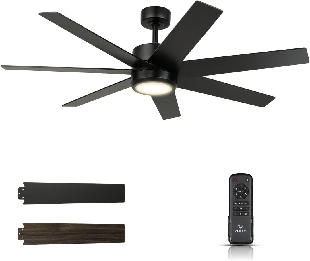 52 Inch Ceiling Fan with Light - Black Ceiling Fan for Living Room and Bedroom - 5500 CFM Max Airflow - Dimmable - Reversible Function for Summer and Winter - Matte Black