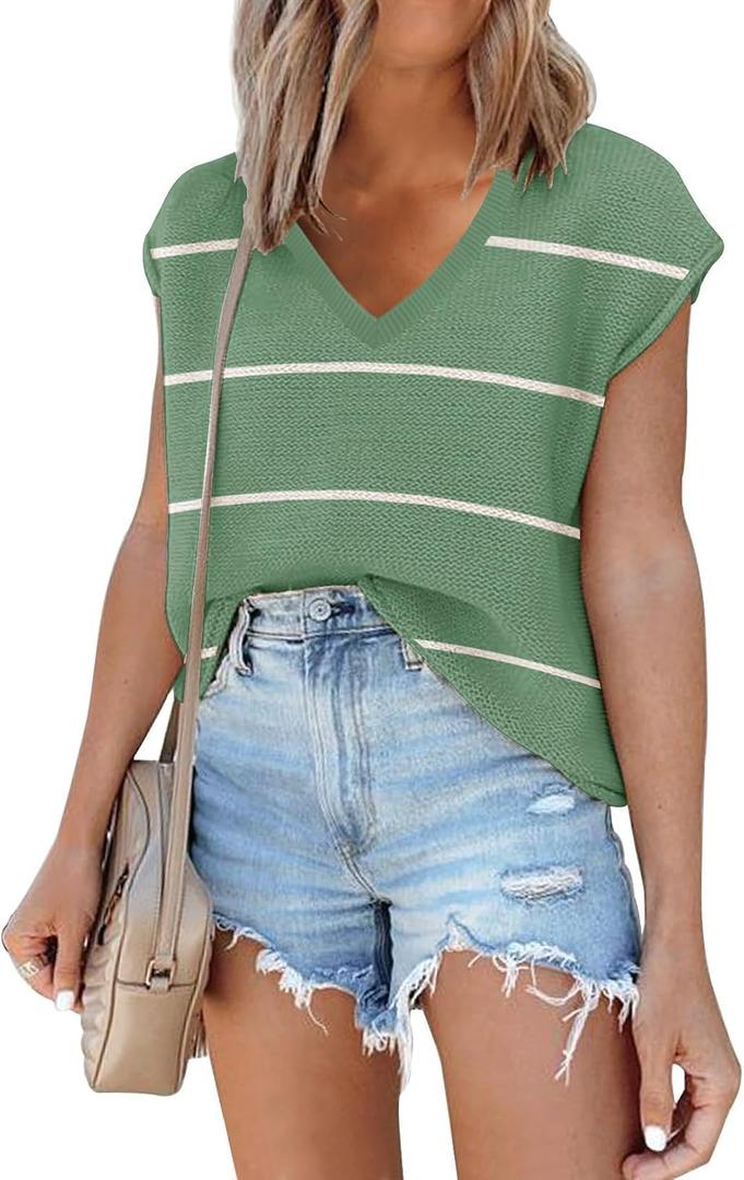 SAUKOLE Women's Sweater Vest Casual V Neck Cap Sleeve Knit Pullover Tops (Green, M)