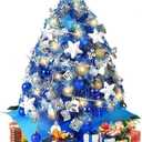 2FT Mini Christmas Tree, Blue Tabletop Christmas Tree, Prelit Small Christmas Trees with 60 LED Lights, 100 Lifelike Branches, 73 Ornaments, Artificial Xmas Tree for Home Indoor Decor