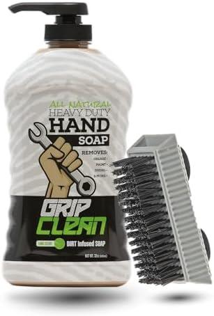 Grip Clean Hand Cleaner for Auto Mechanics, Heavy Duty Pumice Soap & Fingernail Brush, Tool Shop, Garage, Commercial, All Natural, Men, Women, Grit Cleansing, Sensitive Skin - 32oz Pump Top & Brush 12.8 Oz