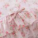 LELVA Romantic Roses Print Duvet Cover Set with Bed Skirt Pink Lace Ruffle Floral Shabby Chic Bedding Sets Full 4 Piece