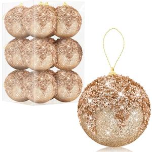12 Pcs 3.15 Inch Christmas Ball Ornaments Glitter Sequin Ball Large Christmas Tree Decorations Xmas Hanging Balls for Home New Year Holiday Indoor Outdoor Party Decor (Champagne, 3.15 Inch)