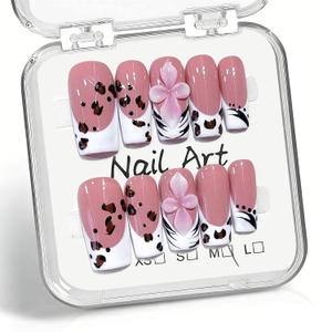 10 Pcs Handmade Press on Nails Square Medium Fake Nails with White French Tip Leopard Print Design 3D Flower Acrylic False Nails Pink M Size Press Ons Nails Medium for Women
