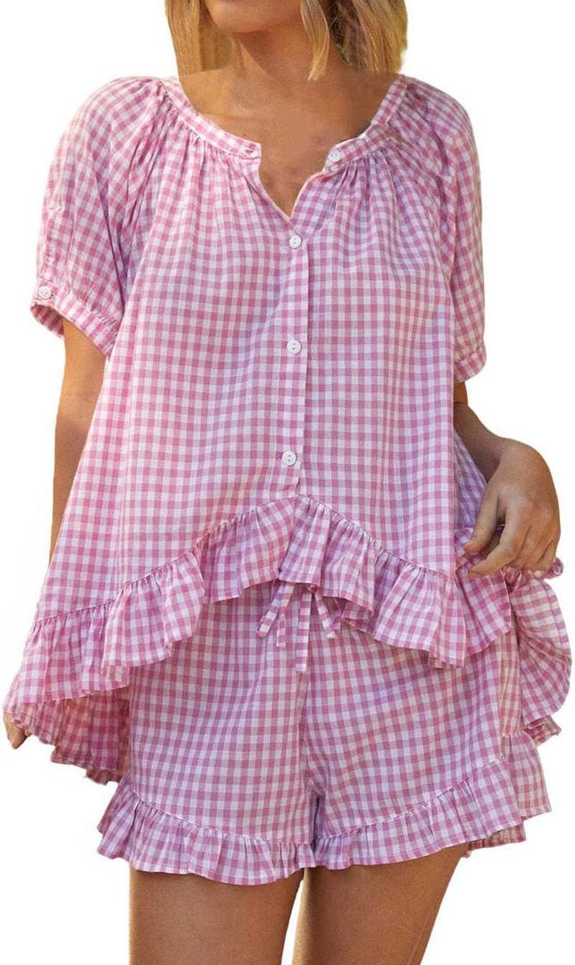 Womens 2 Piece Ruffle Pajama Set Gingham Pjs Short Sleeve Babydoll Shirt and Shorts Plaid Summer Outfits (Medium)