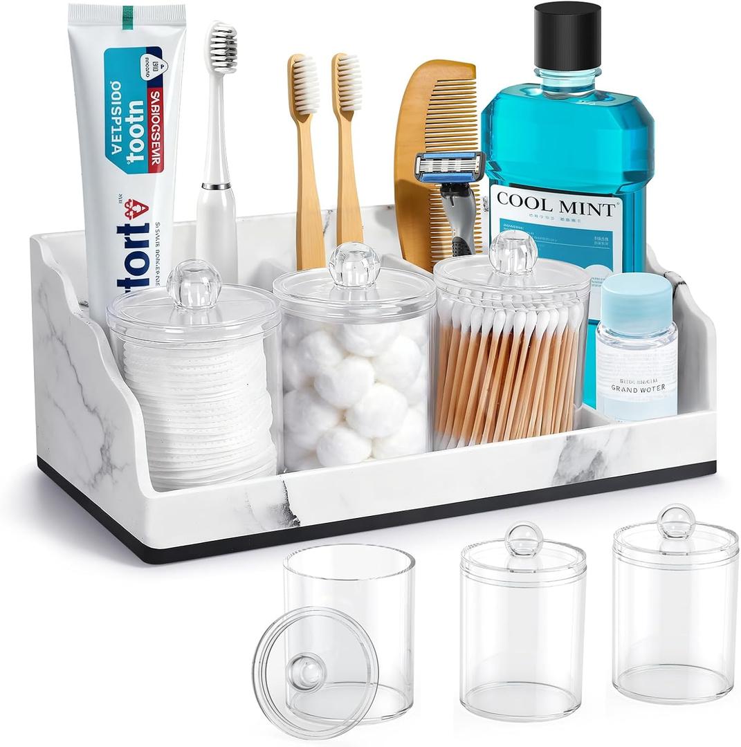 TuCao Bathroom Counter Organizer with 3PCS Qtip Holder, Marble Toothbrush Holders for Bathrooms, Bathroom Organizers and Storage with Drain Holes, Electric Toothbrush Holder, Vanity Organizer (Black)