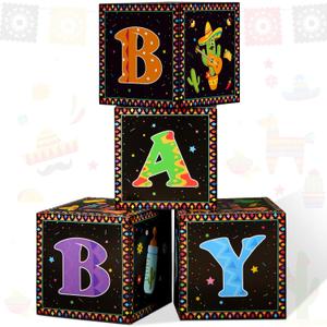 Eersida 4 Pcs Mexican Fiesta Baby Shower Decoration Baby Boxes with Letter Taco Decoration for Mexican Birthday Party Supplies