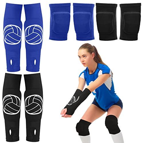 Sosation 2 Set Volleyball Knee Pads and Volleyball Arm (BLUE) Sleeves with Protection Pad Compression Forearm Wrist Guard with Thumb Hole Soft Breathable for Hitting Passing (Black, Blue)