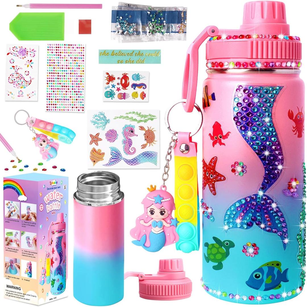 Decorate Your Own Water Bottle Kits for Girls,Stainless Steel Mermaid Water Bottle Girls,Arts and Crafts Ages 4-6-8-10,Gem Art Mermaid Toys Gifts Birthday Christmas Stocking Stuffers (Mermaid)